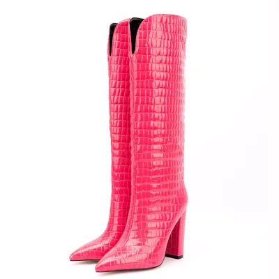 Open Knee Shaft Chunky Heel Boots Pointy Toe Stone Print Shoes 2022 Autumn Winter Slip-on Warm Boots for Lady Size 47