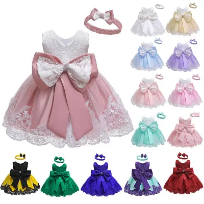 Cute Lace Bow Headband Princess Formal 1 Year Baby Girl Birthday Dresses for Kids