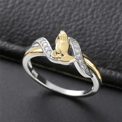 Fashion CZ Prong Setting Two Tone Color Silver Gold Blessed Sacred Christian Religious Prayer Hands Rings for Men Women