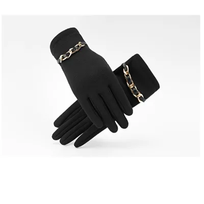 Winter Fashion Touch Screen Black Hand Fleece Wool Warm Comfortable Wrist-Length Unisex Gloves with Metal Chain
