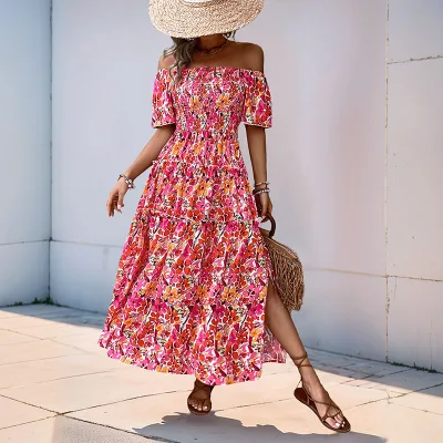 New Bohemian Style One-shoulder Puffed-sleeve Floral Print Dress