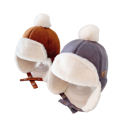 Fur Leather Patch logo Adjustable Winter Trapper Hat Fur Knit Children Kid Cute Pom Winter Trapper Hat