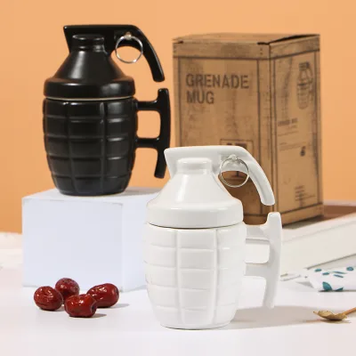 Wholesale Personalized Creative Hand Grenade-shaped Porcelain Mug Solid Color Lid; Trendy Quirky Coffee Cup; Sculpted