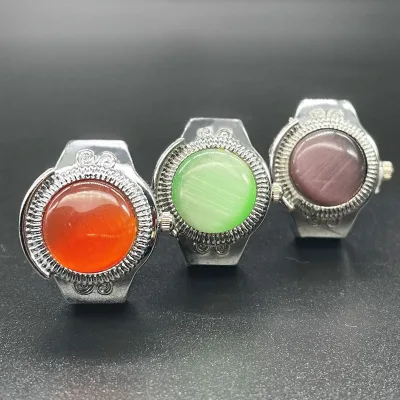 Elastic Ring Watch Quartz Analog Silver Stretch Band Bling Cat Eye Crystal Openable Case Finger Watch Men Women Christmas