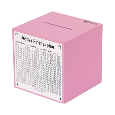 Handmade 5.9inches Eco-Friendly Wooden Piggy Bank Pink Adult Savings Box 365-Day Plan Cartoon Pig Pattern Printed Logo Storage