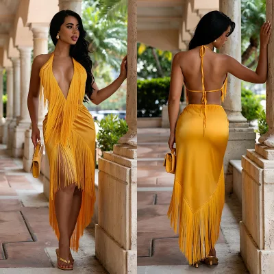 Wholsale Yellow Color 2027 New Womens Halter Deep V-Neck Backless Tassel Sexy Bodycon Skirt Summer Party Dress Splicing