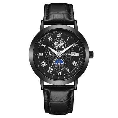 Fashion Business Men Quartz Watches Luxury Roman Earth Map Design Calendar Watch Leisure Stripe Leather Moon Wristwatches