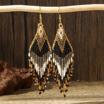 Women's Trendy Hand-Woven Multi-Color Rhombus Beaded Earrings Rice Beaded Geometric Long Black Tassel Seed Beads Earrings