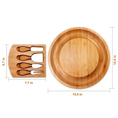 Eco Friendly Round Bamboo Charcuterie Cheese Board Set and Knife Set Cheese Board Platter Set