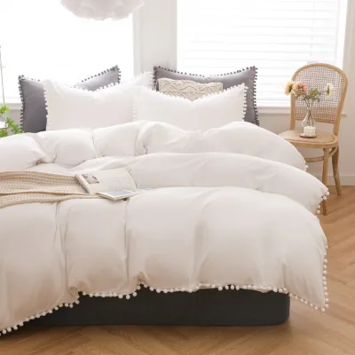 2025 Simple Style King Size Bedding Set Cotton Duvet Cover Pillow Case Quilt Cover with 4 Pieces Ball of Fur for Winter
