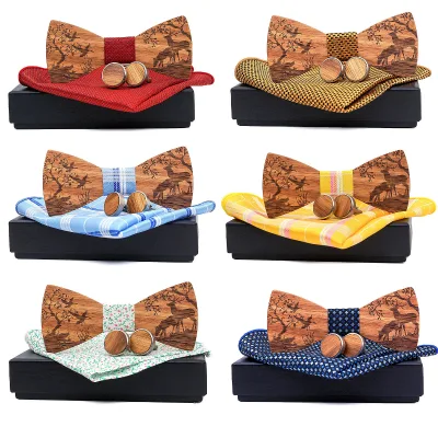 Wooden Bow Tie Set with Christmas Reindeer Pocket Square and Cufflinks Gift Box for Men