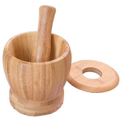 Custom bamboo wood mortar and pestle set with lid