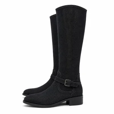 Custom Riding Boots for Women Black Denim, Wide Feet Size, Larger Size Equestrian Boots, Wholesale OEM Footwear Factory Supplier