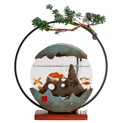 Modern Small Square Porcelain Aquarium Fish Water Fountain LED Lighting Waterproof Feng Shui Design Home Office Living Room TV