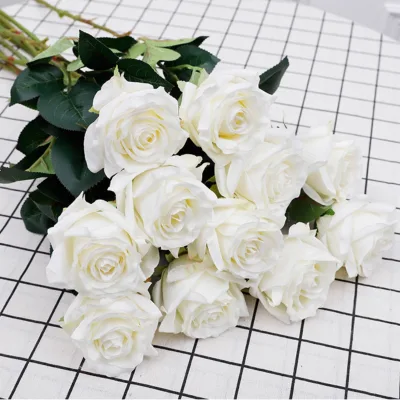 OLF001 Factory Bulk Wholesale Artificial Silk Cloth Single Rose Flowers Red White for Wedding Party Valentine's Day Decoration
