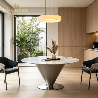 White Gold Marble Round Dining Table Silver Gray Matte Inverted Cone Metal Base Home Kitchen Restaurant Furniture