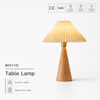 Boyid Midcentury Eco-Friendly Simple Eye Caring Pleated Fabric Table Lamp Wood Base Bell Shade 16W E27 1560LM AC Push Button