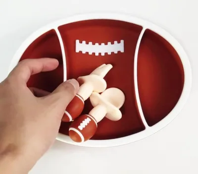Anti Slip Kids Feeding Plate Baby Silicone Suction Plate Cute Sport Rugby Silicone Kids Plate