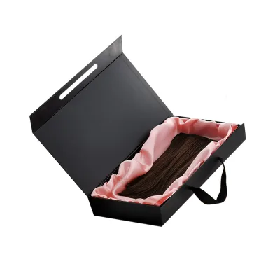 Custom Luxury Folding Black Satin Lined Human Hair Extension Bundle Braid Wig Packaging Boxes with Handle