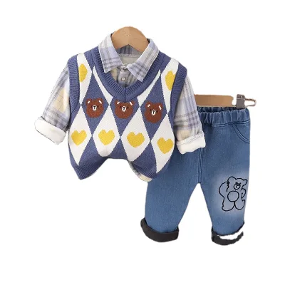 Autumn Winter 2026 Trendy Two-Piece Casual Suit for Kids Long-Sleeved Fleece-Lined Warm Clothes Cotton Cartoon Pattern Wholesale