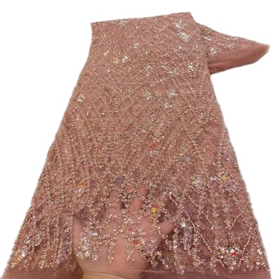 New Design Pink African Embroidery Heavy Beaded Lace Fabrics for Women Bridal Lace for Ceremonial Dress