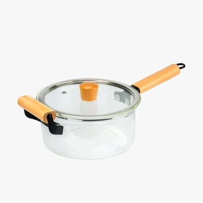 Wholesale Clear High Borosilicate Heat Resistance Glass Cookware Set with Wooden Handle Gas Compatible Glass Lid Dishwasher Safe