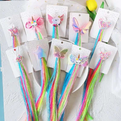 Color Braid Wig Hair  Clips Bows for Girls Hair Braided Extension   for Kids Princess Costume Dress up Hair Accessory