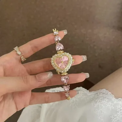 Super Sparkling pink diamond Heart-shaped Watch Chain with Niche Design Adjustable Drawstring Light Luxury High-end Watch