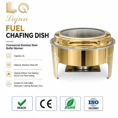 LQ Wholesale Gold Round Chafing Dish Stainless Steel Dome Lid Glass Window Loop Handle Fuel and Electric Hot Plate 6L Hotel