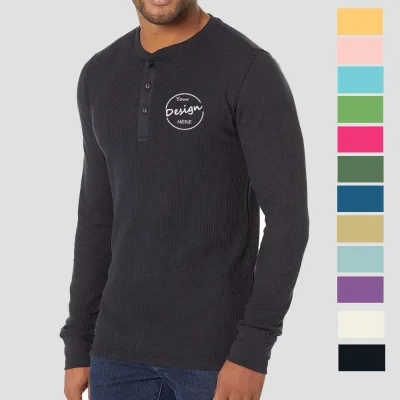 Custom Logo Three-Button Waffle Henley Crewneck T-Shirt for Men Slim Fit Long Sleeve Cotton Knitted Solid Embroidered Plain