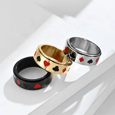Custom Logo Name Size Fashion Jewelry Poker Pattern Peach Heart  Hiphop Punk Rotatable Titanium Stainless Steel Ring for Men