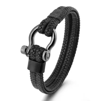 Trendy Horseshoe Clasp Double-layer Woven Leather Bracelet for Men Black Leather Braided Cuff Wristband Bracelets Gift for Him