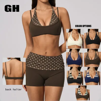GH Hot Selling Women Polka Dot Gym Fitness Underwear High Support Halter Neck Sports Bra with Removable Pads