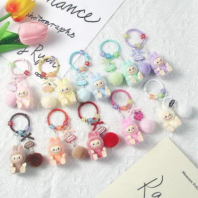 WOWEI in Stock New Cartoon Cute Furball Labubu Key Chain Accessories Handmade DIY Flocking Sitting Labubu Doll Pendant Keychain