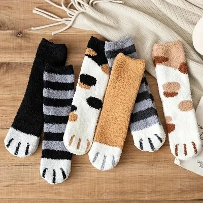 Bespoke Lot Cats Paw Stripe Womens Fuzzy Socks Winter Warm Soft Kawaii Socks Set Girls Cute Plush Sock Hosiery Sleeping