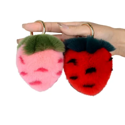 Hot Selling Eco-Friendly Fluffy Strawberry Pom Pom Cartoon Design Soft Plush Ball Keychain Toy Bag Charm Decoration