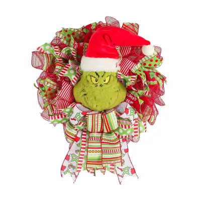 Artificial Christmas Grinch Wreath Door Hanging Green Monster Ornament Wreath Christmas Thief Wreath for Home Holiday Decoration