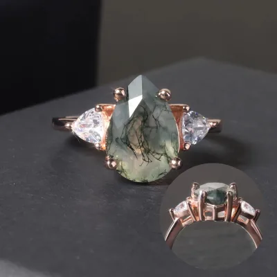 OL0943 Abiding Classic Three Stone Ring Pear Cut 8x12MM Natural Green Moss Agate Real Rose Gold Ring for Women 18K Real Gold