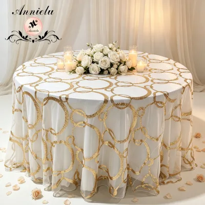 Gold Round Floral Handmade 100% Polyester Table Cover Topper for Wedding Party Banquet Decor
