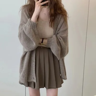 Hot Sales Puff Sleeve Knitted Cardigans Midi Length Women Sweater Soft Winter Warm Open Women' Coats