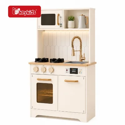 Wooden Modern Play Kitchen: Microwave, Stove, Sink, Gold Faucet, Oven, Lighted Backsplash & Cabinet for Pretend Cooking W10C843C