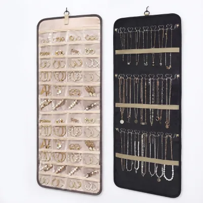Wholesale Hanging Storage Roll with Metal Hook Double Sided Wall Storage Roll Bag Jewelry Holder Storage Bag