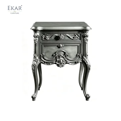 EKAR Classic French Rococo Bedside Table with Silver Gilded Finish