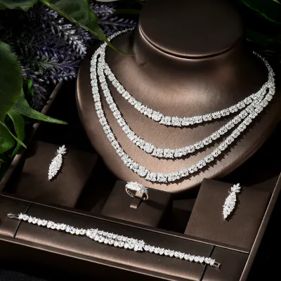 Bridal Wedding Jewelry Three Layers Sets for Women White Gold Color Fashion Jewelry Accessories
