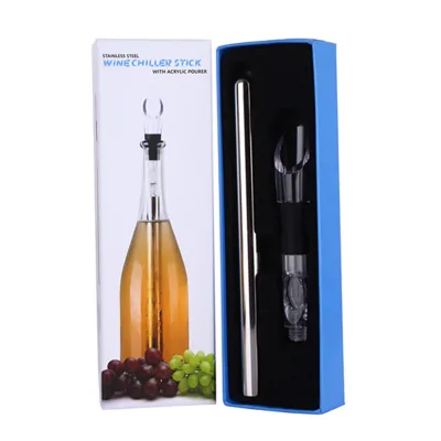 Customized Box Package Bar Accessories Metal Wine Cooler Beer Cooling Stick and Stainless Steel Wine Chiller With Stopper