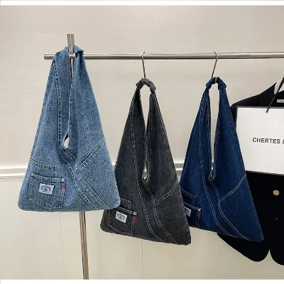 Korean Retro Style Lazy Washed Denim Tote Bag Versatile Single Shoulder Crossbody for College Students Hobo Denim Bag