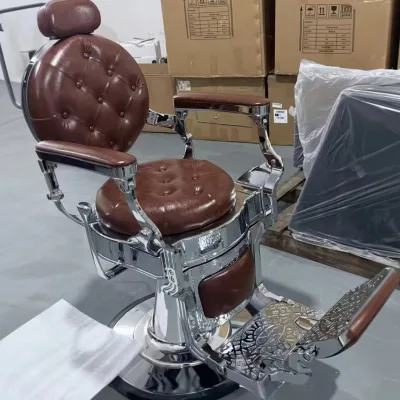 Antique Style Barber Chair with Chrome Frame and Tufted Red Leather - Ideal for Premium Barbershops
