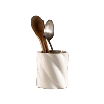 CreamTwisted Ceramic Handmade Utensil Holder Vase Design Food Safe Customizable Color Logo for Home Hotel Restaurant Kitchen