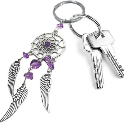 Pebble Modern Art Dreamcatcher Keychain Round-Bead Crystal DIY Handmade Tassel Pendant Charm Womens Key Ring