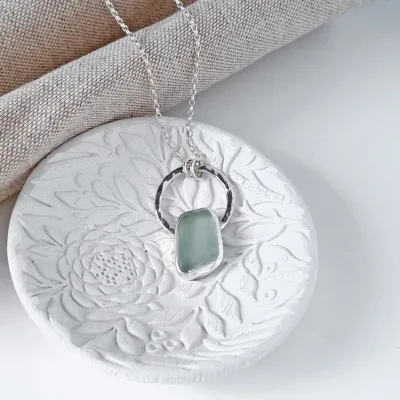 Aqua Sea Glass Necklace Light Blue Pendant Large Sterling Silver Statement Jewellery Eco Friendly Beach